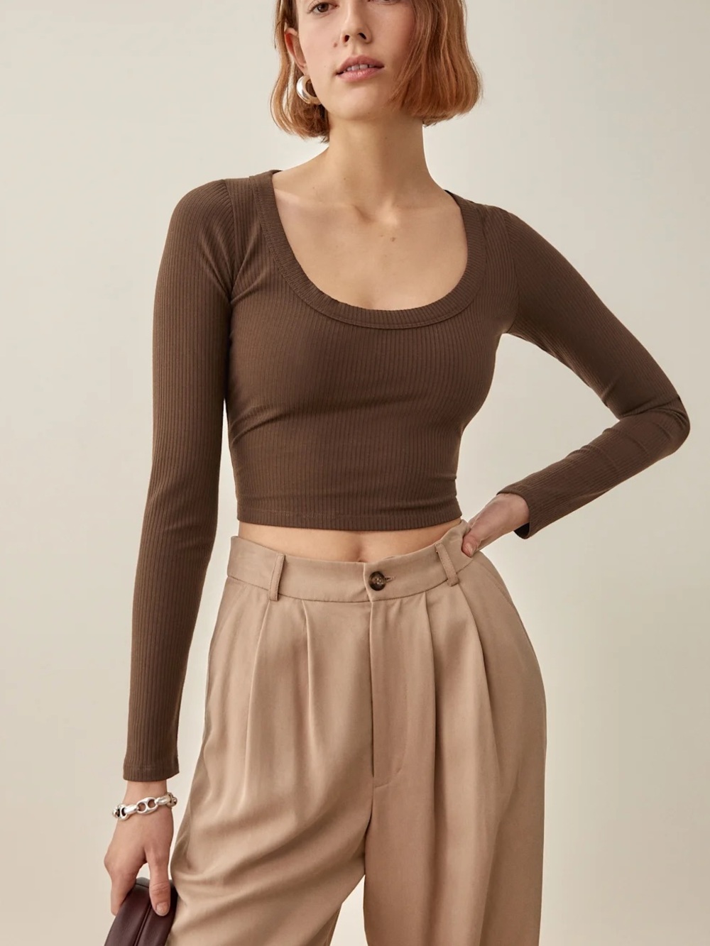 Reformation Paige Ribbed Knit Cropped Longsleeve Top Brown